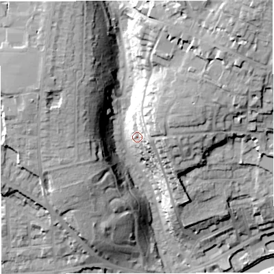 Shaded relief map of the ground around BA13BT, computed from Environment Agency LiDAR. The ground here sits at about 37 m above sea level and falls 49 m across the surrounding 800 m. Surface water reaching this point runs off ground lying to the north-east, 18.5 m higher.