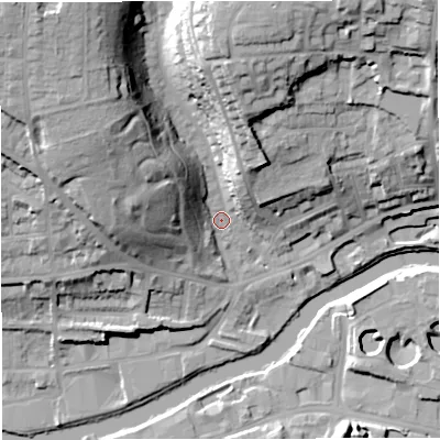 Shaded relief map of the ground around BA13BU, computed from Environment Agency LiDAR. The ground here sits at about 21 m above sea level and falls 39 m across the surrounding 800 m. Surface water reaching this point runs off ground lying to the north-west, 31.9 m higher.