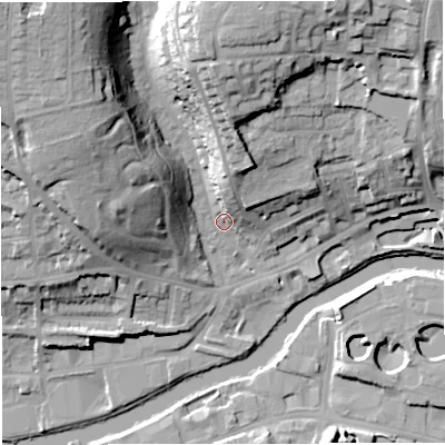 Shaded relief map of the ground around BA13BX, computed from Environment Agency LiDAR. The ground here sits at about 21 m above sea level and falls 39 m across the surrounding 800 m. Surface water reaching this point runs off ground lying to the north-west, 32.1 m higher.