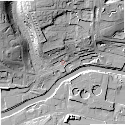 Shaded relief map of the ground around BA13DD, computed from Environment Agency LiDAR. The ground here sits at about 20 m above sea level and falls 35 m across the surrounding 800 m. Surface water reaching this point runs off ground lying to the north, 12.4 m higher.