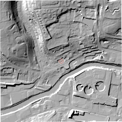 Shaded relief map of the ground around BA13DE, computed from Environment Agency LiDAR. The ground here sits at about 19 m above sea level and falls 35 m across the surrounding 800 m. Surface water reaching this point runs off ground lying to the north-north-east, 12.4 m higher.