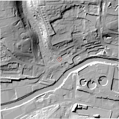 Shaded relief map of the ground around BA13DF, computed from Environment Agency LiDAR. The ground here sits at about 20 m above sea level and falls 36 m across the surrounding 800 m. Surface water reaching this point runs off ground lying to the north-west, 32.4 m higher.