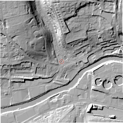Shaded relief map of the ground around BA13DG, computed from Environment Agency LiDAR. The ground here sits at about 20 m above sea level and falls 36 m across the surrounding 800 m. Surface water reaching this point runs off ground lying to the north-west, 29.3 m higher.