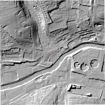 Shaded relief map of the ground around BA13DJ, computed from Environment Agency LiDAR. The ground here sits at about 19 m above sea level and falls 35 m across the surrounding 800 m. The ground contributing surface water to this point lies to the north-north-east.