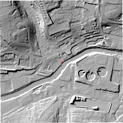 Shaded relief map of the ground around BA13DL, computed from Environment Agency LiDAR. The ground here sits at about 18 m above sea level and falls 34 m across the surrounding 800 m. Surface water reaching this point runs off ground lying to the north-west, 33.2 m higher.