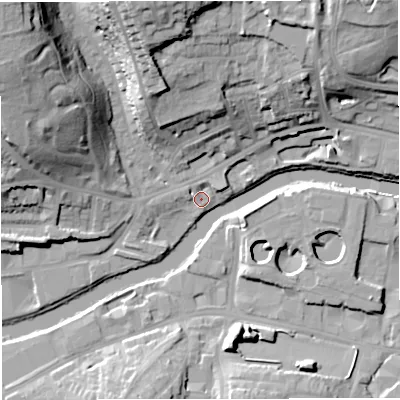 Shaded relief map of the ground around BA13DN, computed from Environment Agency LiDAR. The ground here sits at about 18 m above sea level and falls 34 m across the surrounding 800 m. Surface water reaching this point runs off ground lying to the north-west, 32.0 m higher.