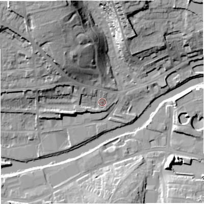 Shaded relief map of the ground around BA13DT, computed from Environment Agency LiDAR. The ground here sits at about 21 m above sea level and falls 34 m across the surrounding 800 m. Surface water reaching this point runs off ground lying to the north-west, 7.2 m higher.