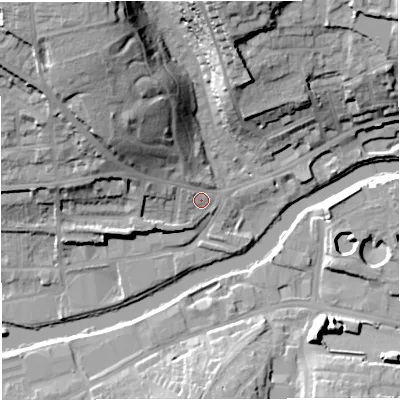 Shaded relief map of the ground around BA13DW, computed from Environment Agency LiDAR. The ground here sits at about 21 m above sea level and falls 34 m across the surrounding 800 m. Surface water reaching this point runs off ground lying to the north-west, 26.7 m higher.