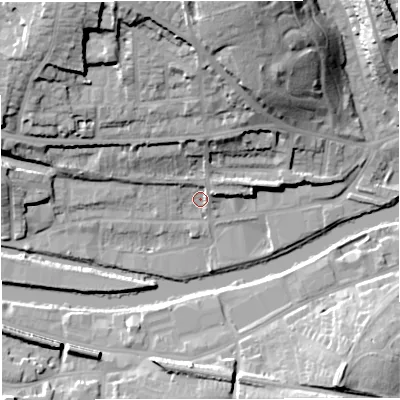 Shaded relief map of the ground around BA13DY, computed from Environment Agency LiDAR. The ground here sits at about 19 m above sea level and falls 32 m across the surrounding 800 m. Surface water reaching this point runs off ground lying to the north, 27.1 m higher.