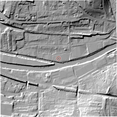 Shaded relief map of the ground around BA13DZ, computed from Environment Agency LiDAR. The ground here sits at about 18 m above sea level and falls 25 m across the surrounding 800 m. Surface water reaching this point runs off ground lying to the south-west, 0.5 m higher.