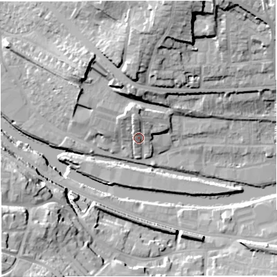 Shaded relief map of the ground around BA13EG, computed from Environment Agency LiDAR. The ground here sits at about 22 m above sea level and falls 36 m across the surrounding 800 m. Surface water reaching this point runs off ground lying to the north, 9.3 m higher.
