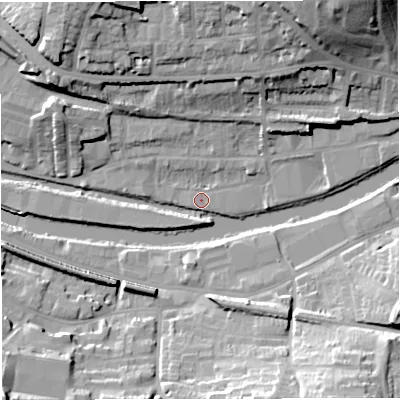 Shaded relief map of the ground around BA13EH, computed from Environment Agency LiDAR. The ground here sits at about 17 m above sea level and falls 27 m across the surrounding 800 m. Surface water reaching this point runs off ground lying to the east-north-east, 2.0 m higher.