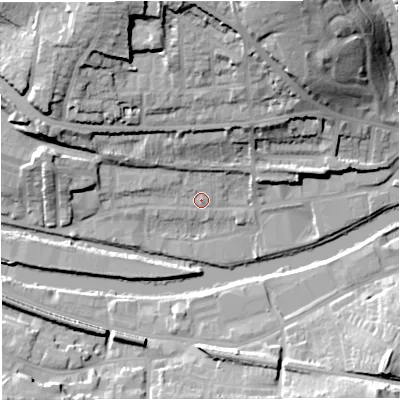 Shaded relief map of the ground around BA13EJ, computed from Environment Agency LiDAR. The ground here sits at about 19 m above sea level and falls 31 m across the surrounding 800 m. Surface water reaching this point runs off ground lying to the north-north-east, 26.6 m higher.