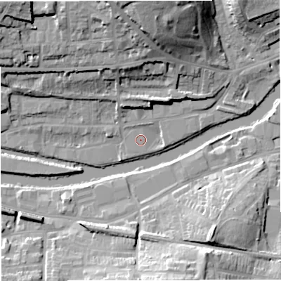 Shaded relief map of the ground around BA13EL, computed from Environment Agency LiDAR. The ground here sits at about 18 m above sea level and falls 27 m across the surrounding 800 m. Surface water reaching this point runs off ground lying to the south-south-east, 1.3 m higher.