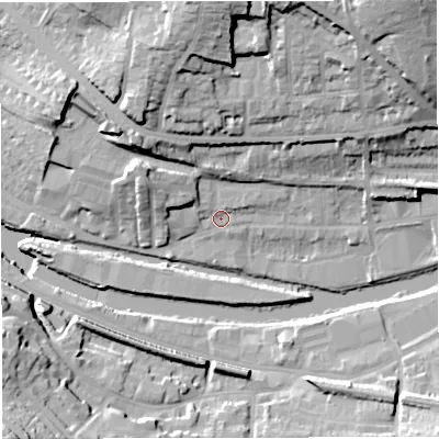Shaded relief map of the ground around BA13EN, computed from Environment Agency LiDAR. The ground here sits at about 19 m above sea level and falls 34 m across the surrounding 800 m. Surface water reaching this point runs off ground lying to the north-west, 12.5 m higher.