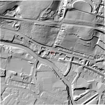 Shaded relief map of the ground around BA13ER, computed from Environment Agency LiDAR. The ground here sits at about 21 m above sea level and falls 38 m across the surrounding 800 m. Surface water reaching this point runs off ground lying to the north-north-east, 30.3 m higher.