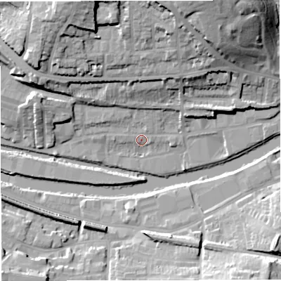 Shaded relief map of the ground around BA13ES, computed from Environment Agency LiDAR. The ground here sits at about 19 m above sea level and falls 30 m across the surrounding 800 m. Surface water reaching this point runs off ground lying to the north-north-west, 22.9 m higher.