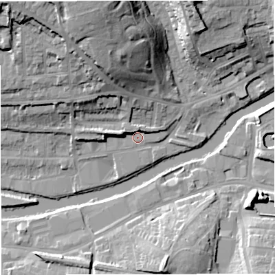 Shaded relief map of the ground around BA13EU, computed from Environment Agency LiDAR. The ground here sits at about 19 m above sea level and falls 32 m across the surrounding 800 m. Surface water reaching this point runs off ground lying to the west, 6.1 m higher.