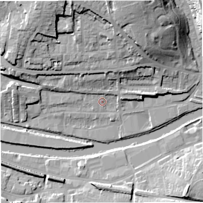 Shaded relief map of the ground around BA13EW, computed from Environment Agency LiDAR. The ground here sits at about 20 m above sea level and falls 32 m across the surrounding 800 m. Surface water reaching this point runs off ground lying to the north-north-west, 3.3 m higher.