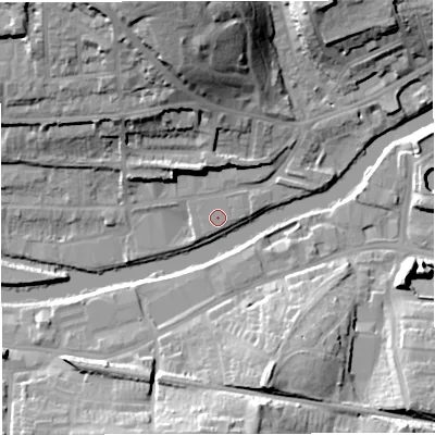 Shaded relief map of the ground around BA13EX, computed from Environment Agency LiDAR. The ground here sits at about 18 m above sea level and falls 29 m across the surrounding 800 m. The ground contributing surface water to this point lies to the south-west.
