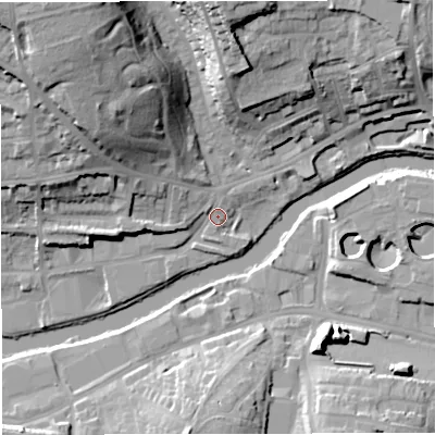 Shaded relief map of the ground around BA13EY, computed from Environment Agency LiDAR. The ground here sits at about 19 m above sea level and falls 34 m across the surrounding 800 m. Surface water reaching this point runs off ground lying to the north-west, 28.7 m higher.