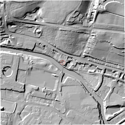 Shaded relief map of the ground around BA13FA, computed from Environment Agency LiDAR. The ground here sits at about 19 m above sea level and falls 37 m across the surrounding 800 m. Surface water reaching this point runs off ground lying to the north-west, 7.1 m higher.
