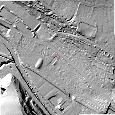 Shaded relief map of the ground around BA13HN, computed from Environment Agency LiDAR. The ground here sits at about 19 m above sea level and falls 50 m across the surrounding 800 m. Surface water reaching this point runs off ground lying to the east, 3.7 m higher.