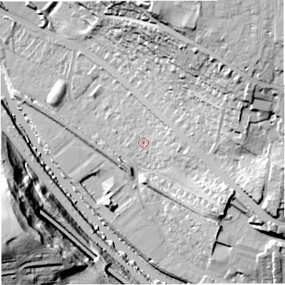 Shaded relief map of the ground around BA13HP, computed from Environment Agency LiDAR. The ground here sits at about 19 m above sea level and falls 51 m across the surrounding 800 m. Surface water reaching this point runs off ground lying to the east-north-east, 5.8 m higher.