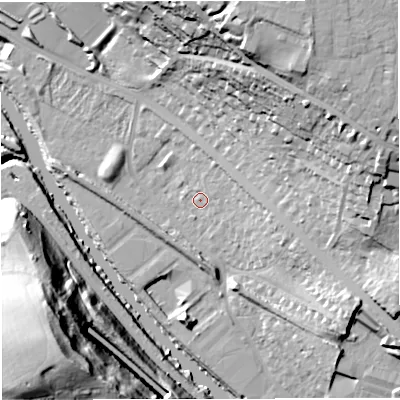 Shaded relief map of the ground around BA13HR, computed from Environment Agency LiDAR. The ground here sits at about 18 m above sea level and falls 51 m across the surrounding 800 m. Surface water reaching this point runs off ground lying to the east-north-east, 5.6 m higher.