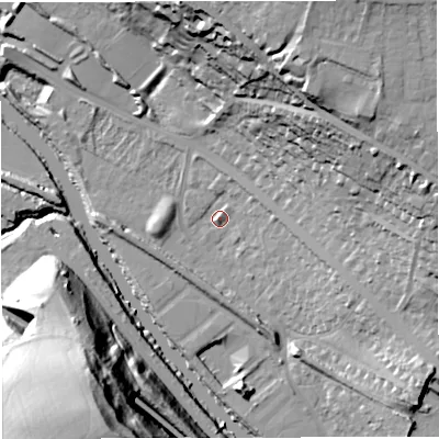 Shaded relief map of the ground around BA13HS, computed from Environment Agency LiDAR. The ground here sits at about 18 m above sea level and falls 51 m across the surrounding 800 m. Surface water reaching this point runs off ground lying to the south-east, 14.9 m higher.