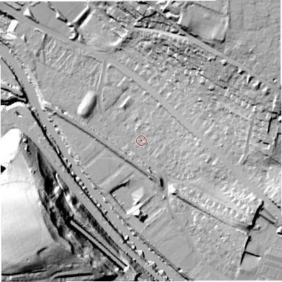 Shaded relief map of the ground around BA13HT, computed from Environment Agency LiDAR. The ground here sits at about 17 m above sea level and falls 51 m across the surrounding 800 m. Surface water reaching this point runs off ground lying to the east-south-east, 14.7 m higher.