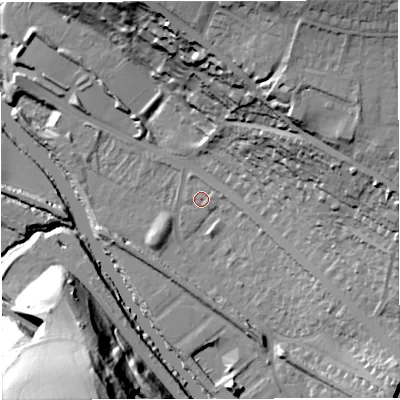 Shaded relief map of the ground around BA13HU, computed from Environment Agency LiDAR. The ground here sits at about 18 m above sea level and falls 48 m across the surrounding 800 m. Surface water reaching this point runs off ground lying to the east-north-east, 2.6 m higher.