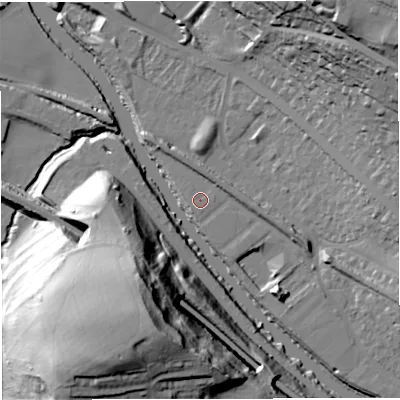 Shaded relief map of the ground around BA13HZ, computed from Environment Agency LiDAR. The ground here sits at about 17 m above sea level and falls 51 m across the surrounding 800 m. The ground contributing surface water to this point lies to the south-south-west.