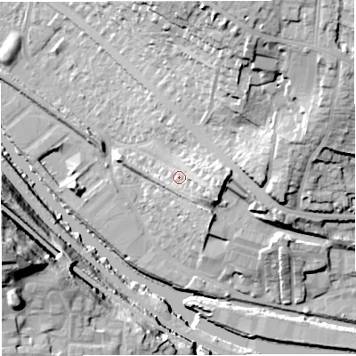 Shaded relief map of the ground around BA13JA, computed from Environment Agency LiDAR. The ground here sits at about 24 m above sea level and falls 44 m across the surrounding 800 m. Surface water reaching this point runs off ground lying to the east-south-east, 5.7 m higher.