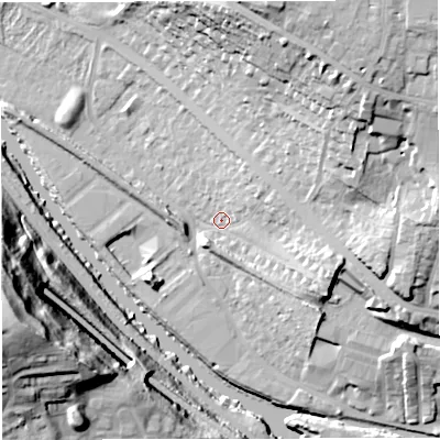 Shaded relief map of the ground around BA13JB, computed from Environment Agency LiDAR. The ground here sits at about 19 m above sea level and falls 51 m across the surrounding 800 m. Surface water reaching this point runs off ground lying to the east-south-east, 12.7 m higher.