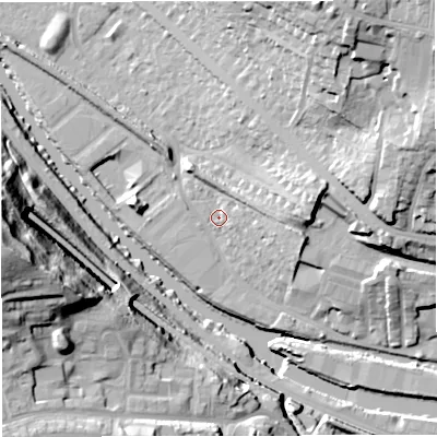Shaded relief map of the ground around BA13JD, computed from Environment Agency LiDAR. The ground here sits at about 18 m above sea level and falls 50 m across the surrounding 800 m. Surface water reaching this point runs off ground lying to the east-north-east, 6.3 m higher.