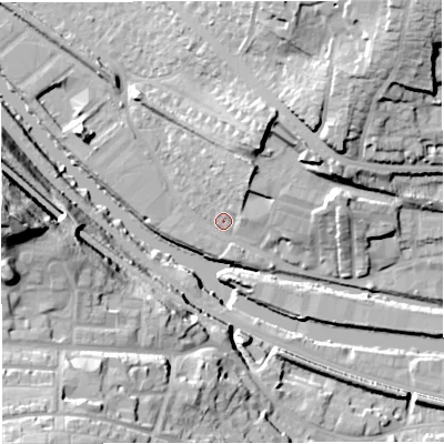 Shaded relief map of the ground around BA13JE, computed from Environment Agency LiDAR. The ground here sits at about 18 m above sea level and falls 42 m across the surrounding 800 m. Surface water reaching this point runs off ground lying to the east-north-east, 11.3 m higher.