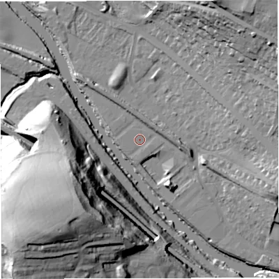 Shaded relief map of the ground around BA13JF, computed from Environment Agency LiDAR. The ground here sits at about 17 m above sea level and falls 51 m across the surrounding 800 m. Surface water reaching this point runs off ground lying to the south-east, 0.7 m higher.