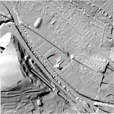 Shaded relief map of the ground around BA13JN, computed from Environment Agency LiDAR. The ground here sits at about 16 m above sea level and falls 51 m across the surrounding 800 m. Surface water reaching this point runs off ground lying to the east, 3.7 m higher.