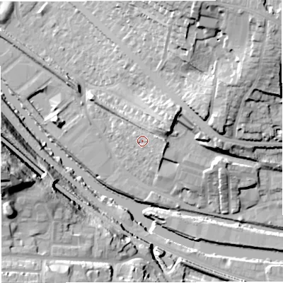 Shaded relief map of the ground around BA13JP, computed from Environment Agency LiDAR. The ground here sits at about 22 m above sea level and falls 43 m across the surrounding 800 m. Surface water reaching this point runs off ground lying to the north-east, 7.8 m higher.