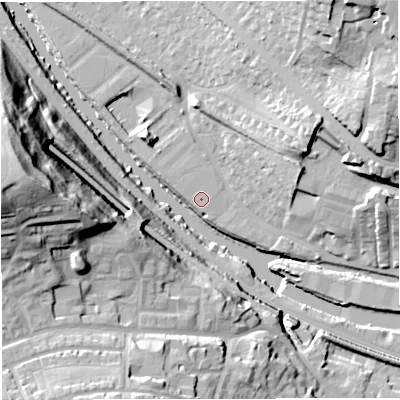 Shaded relief map of the ground around BA13JQ, computed from Environment Agency LiDAR. The ground here sits at about 17 m above sea level and falls 51 m across the surrounding 800 m. Surface water reaching this point runs off ground lying to the north, 2.5 m higher.
