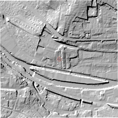Shaded relief map of the ground around BA13JR, computed from Environment Agency LiDAR. The ground here sits at about 21 m above sea level and falls 38 m across the surrounding 800 m. Surface water reaching this point runs off ground lying to the north-north-east, 9.0 m higher.