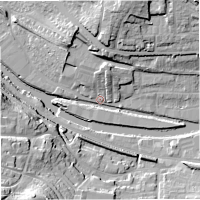 Shaded relief map of the ground around BA13JS, computed from Environment Agency LiDAR. The ground here sits at about 18 m above sea level and falls 45 m across the surrounding 800 m. Surface water reaching this point runs off ground lying to the north-north-west, 15.7 m higher.