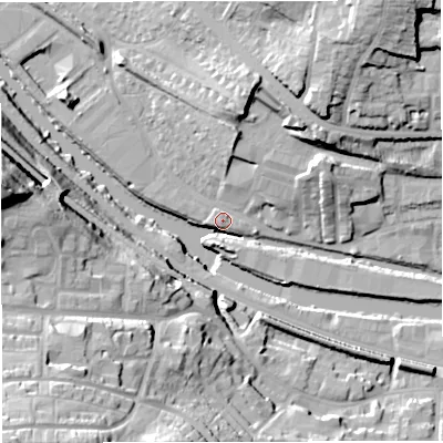 Shaded relief map of the ground around BA13JW, computed from Environment Agency LiDAR. The ground here sits at about 18 m above sea level and falls 46 m across the surrounding 800 m. Surface water reaching this point runs off ground lying to the south-west, 46.0 m higher.
