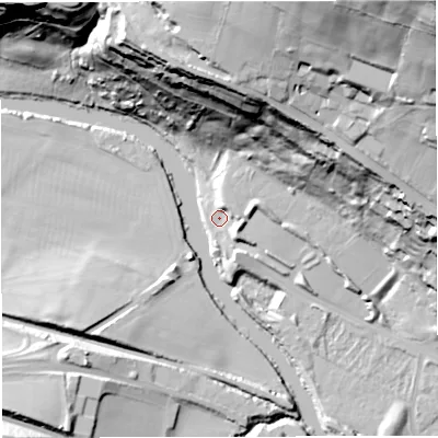 Shaded relief map of the ground around BA13NB, computed from Environment Agency LiDAR. The ground here sits at about 16 m above sea level and falls 84 m across the surrounding 800 m. Surface water reaching this point runs off ground lying to the north-east, 71.6 m higher.