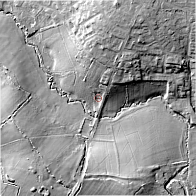 Shaded relief map of the ground around BA140EF, computed from Environment Agency LiDAR. The ground here sits at about 42 m above sea level and falls 19 m across the surrounding 800 m. Surface water reaching this point runs off ground lying to the north-north-east, 11.8 m higher.