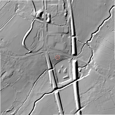 Shaded relief map of the ground around BA140FW, computed from Environment Agency LiDAR. The ground here sits at about 43 m above sea level and falls 14 m across the surrounding 800 m. Surface water reaching this point runs off ground lying to the west-north-west, 11.4 m higher.
