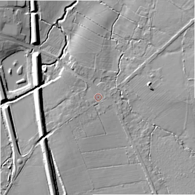 Shaded relief map of the ground around BA146AB, computed from Environment Agency LiDAR. The ground here sits at about 43 m above sea level and falls 10 m across the surrounding 800 m. Surface water reaching this point runs off ground lying to the south-south-west, 3.7 m higher.
