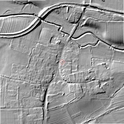 Shaded relief map of the ground around BA146JR, computed from Environment Agency LiDAR. The ground here sits at about 38 m above sea level and falls 20 m across the surrounding 800 m. Surface water reaching this point runs off ground lying to the south-west, 14.8 m higher.