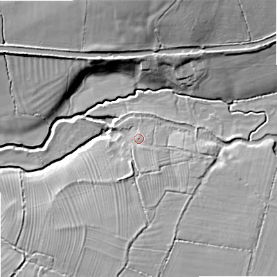 Shaded relief map of the ground around BA146LQ, computed from Environment Agency LiDAR. The ground here sits at about 39 m above sea level and falls 16 m across the surrounding 800 m. Surface water reaching this point runs off ground lying to the south, 3.2 m higher.